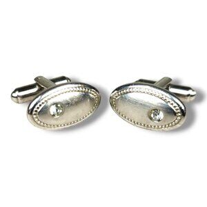 Vintage Hickok Silver Tone Oval Cufflinks With Rhinestone Accents MCM Retro